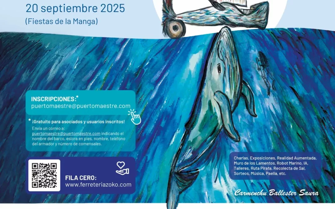 Poster de la regata S&S en gamas de azules y grises. Representa una ballena acercándose a un barco de vela.