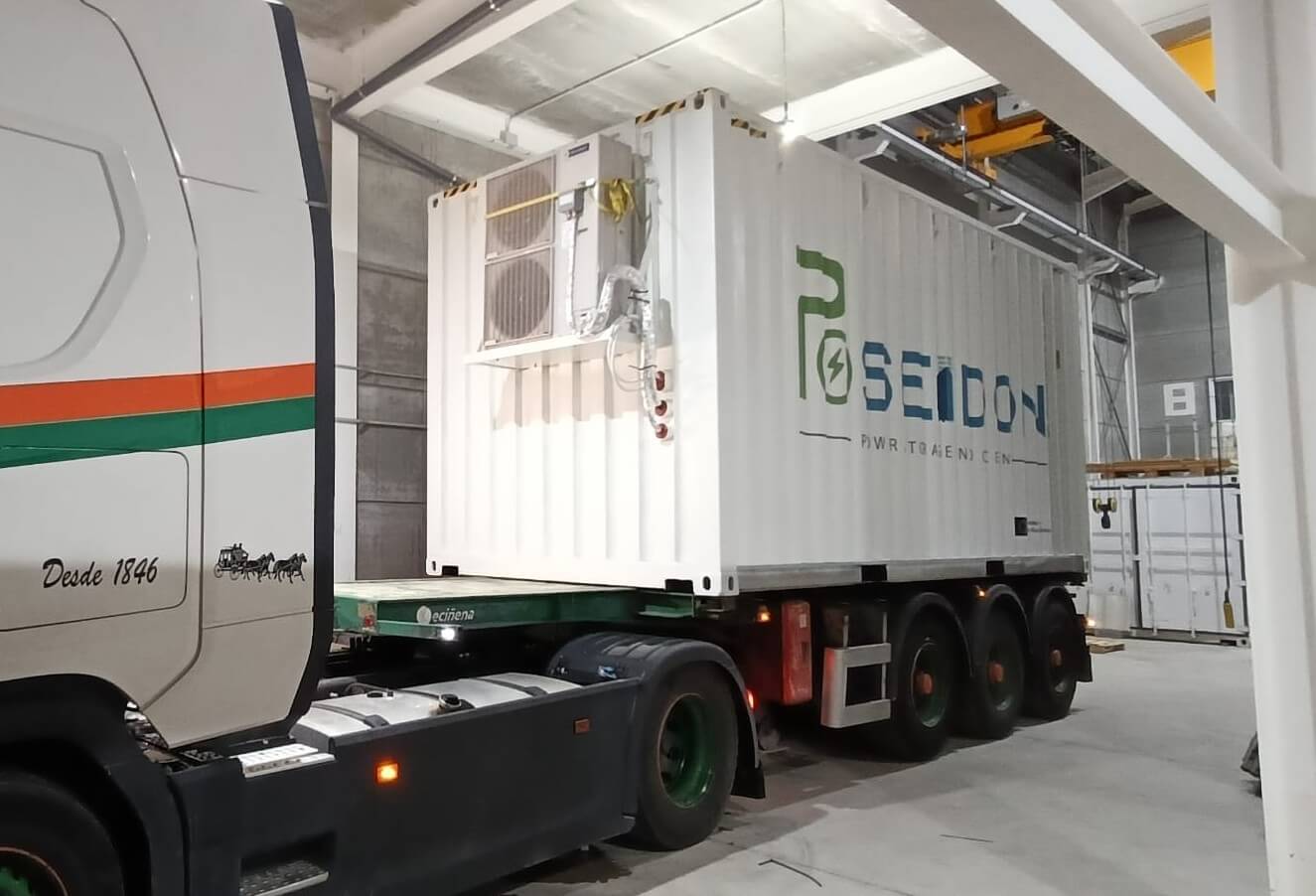 8_Salimos-edit Branded POSEIDON energy storage container on a trailer, prepared to leave the integration facility.